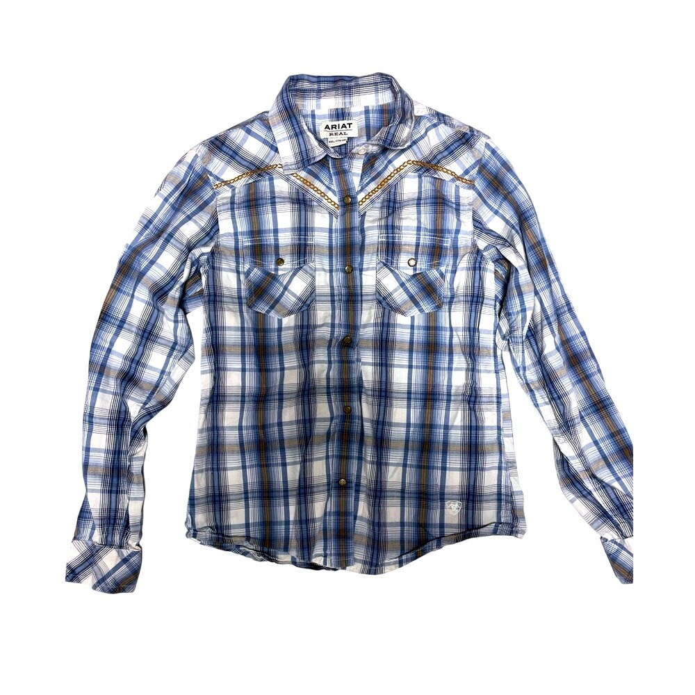 ARIAT Real Blue Plaid Western‎ Bronze Snap Long Sleeve Shirt Girls XXL